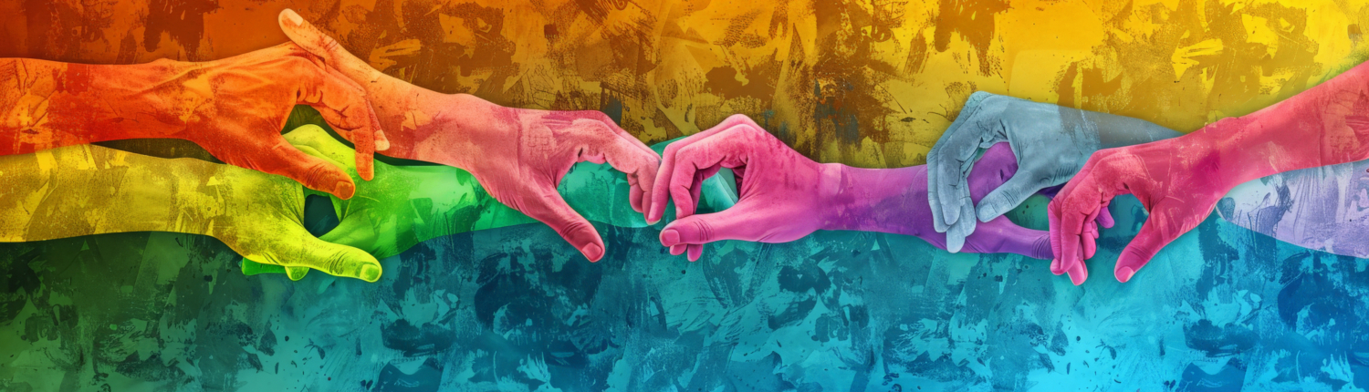 International Friendship Day background with a vibrant rainbow of hands linked together,